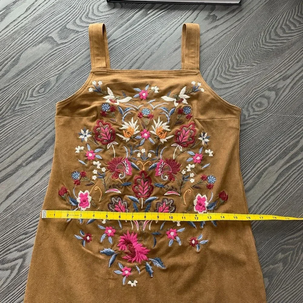 Abercrombie and Fitch Womens 00 Faux Suede Floral Embroidered Boho Dress 90s Y2K